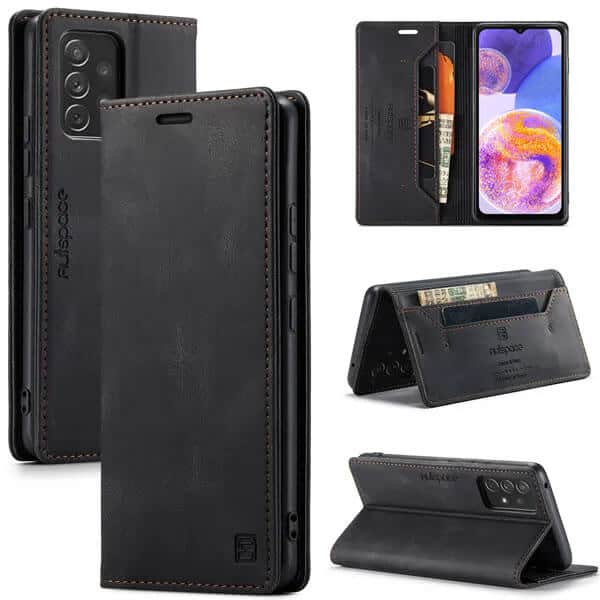 AutSpace For Samsung Galaxy A23 4G Case RFID Blocking Retro Flip Premium Leather Card Holder Wallet Cover - Black