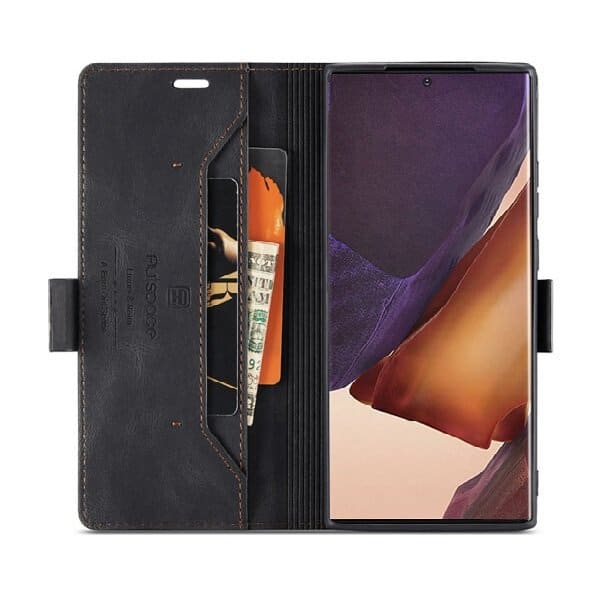 AutSpace For Samsung Galaxy Note 20 Ultra Case RFID Blocking Retro Flip Premium Leather Card Holder Wallet Cover - Black