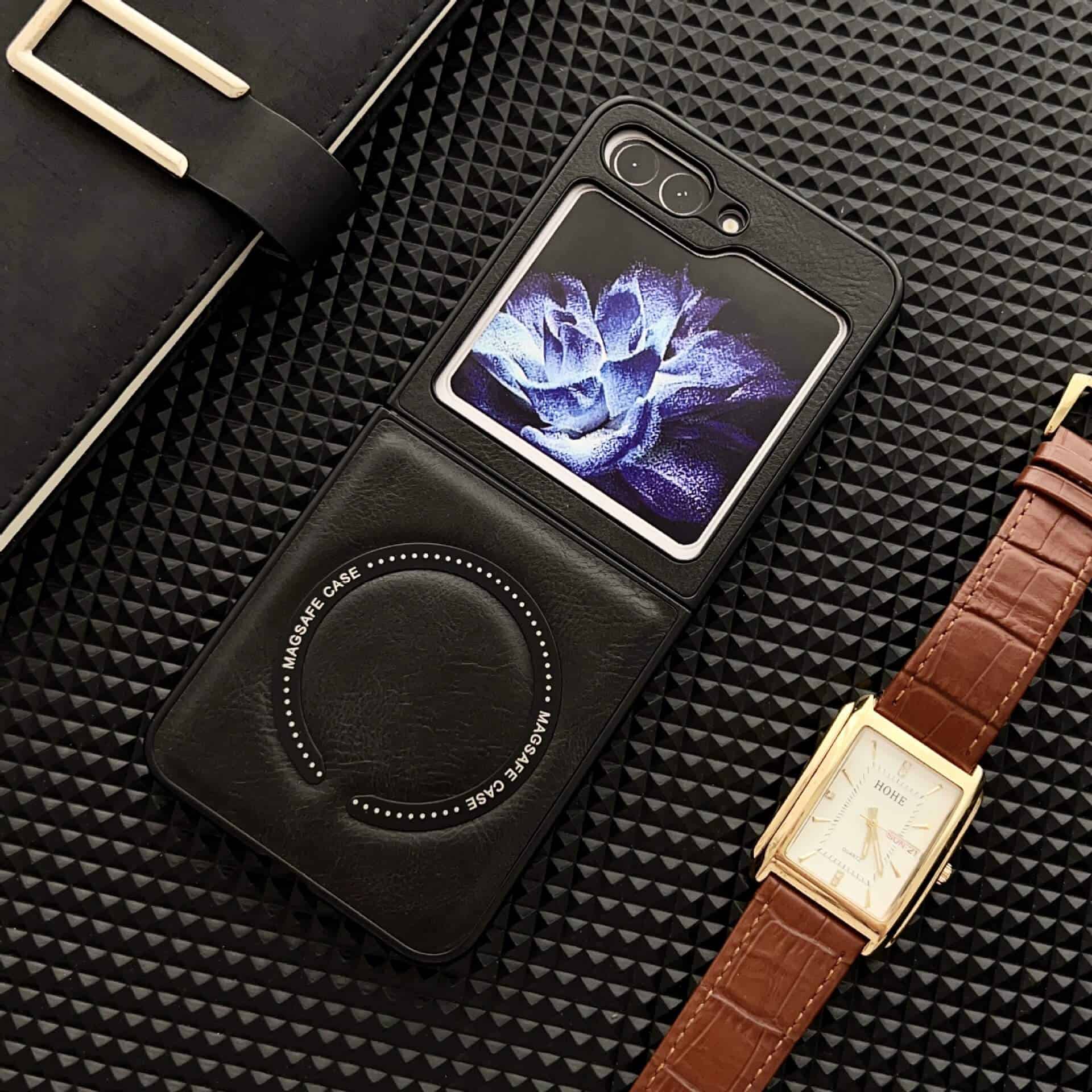 For Samsung Galaxy Z Flip5 Leather Pattern Magnetic MagSafe PU Back Phone Case Protective Cover