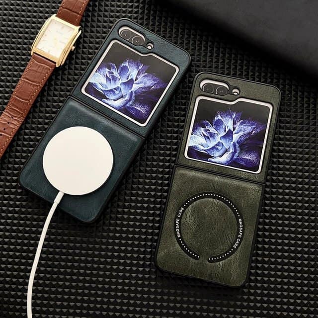 For Samsung Galaxy Z Flip5 Leather Pattern Magnetic MagSafe PU Back Phone Case Protective Cover