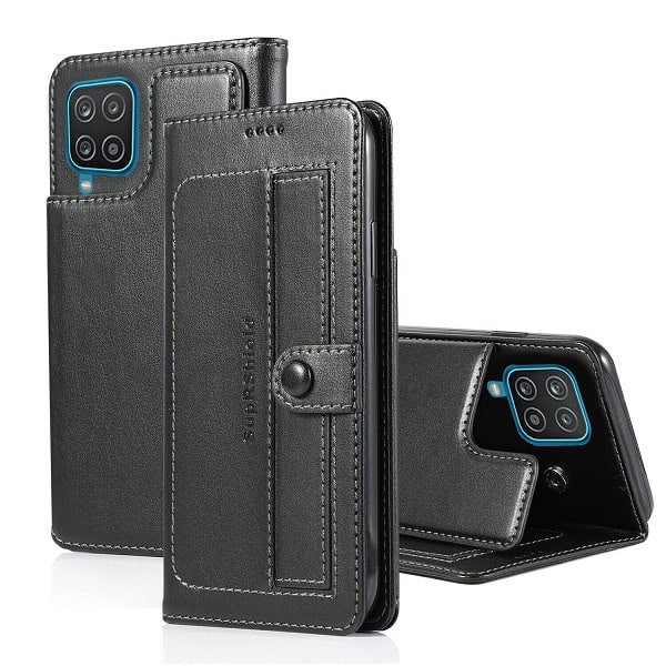 Samsung Galaxy A22 4G SupRShield Wallet Leather Card Holder Flip Protective Shockproof Magnetic Case Cover (Black Style 2)