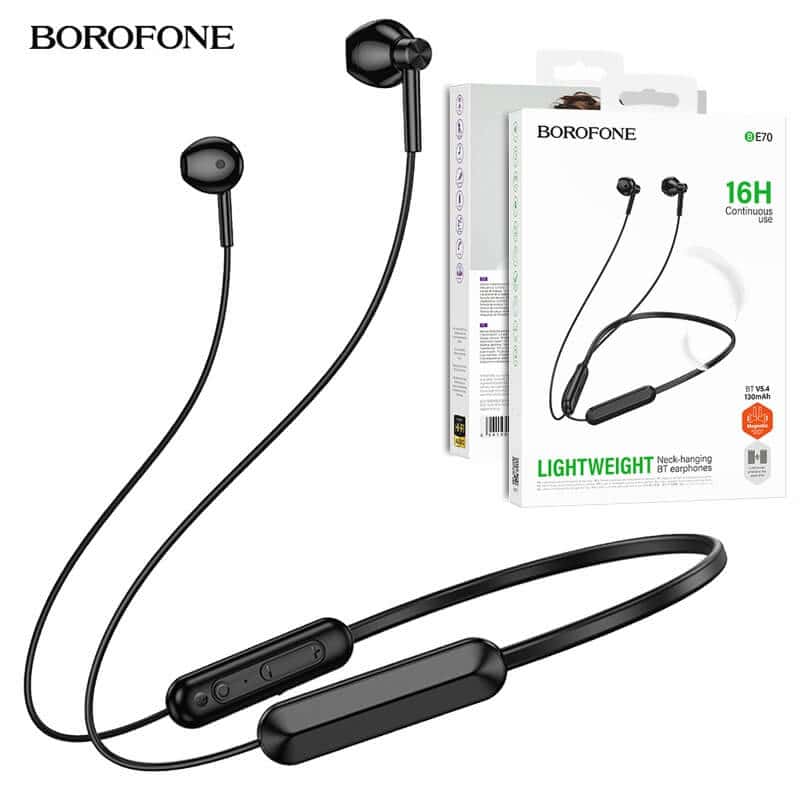 Borofone BE70 Wireless Bluetooth 5.4 Light Neck Hanging Headphones in-Ear Earbuds Earphones for Running/Fitness/Gaming/Music (Black)