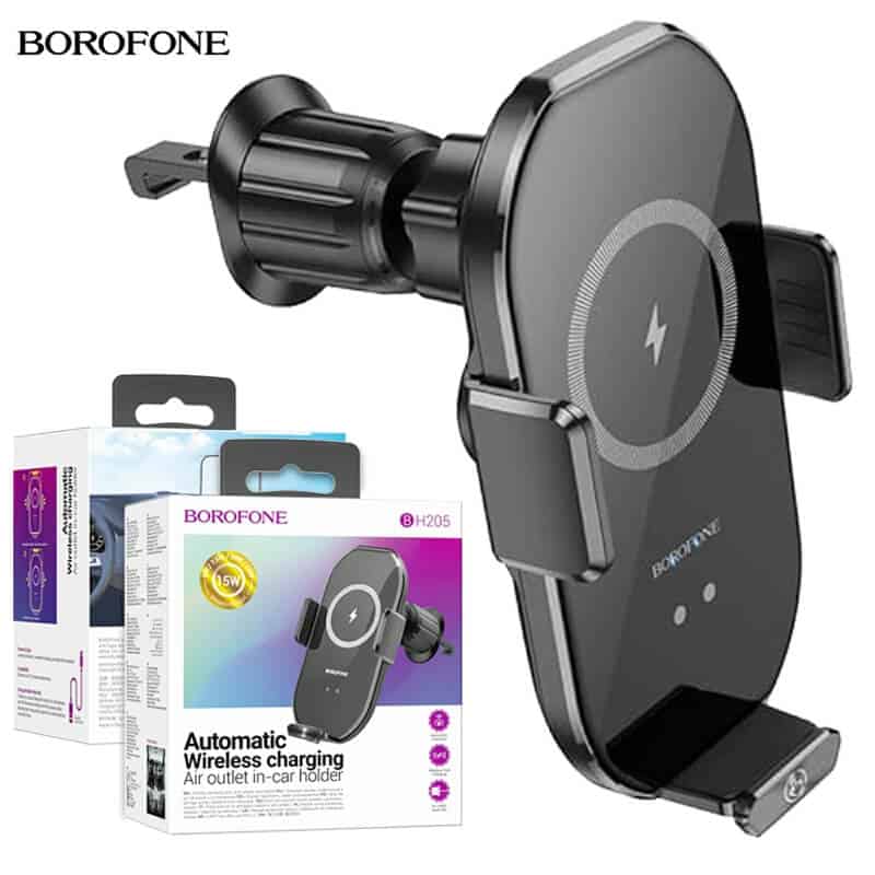 Borofone BH205 Infrared Wireless 15W Fast Charging Charger Air Vent Car Mount Mobile Phone Holder (Black)