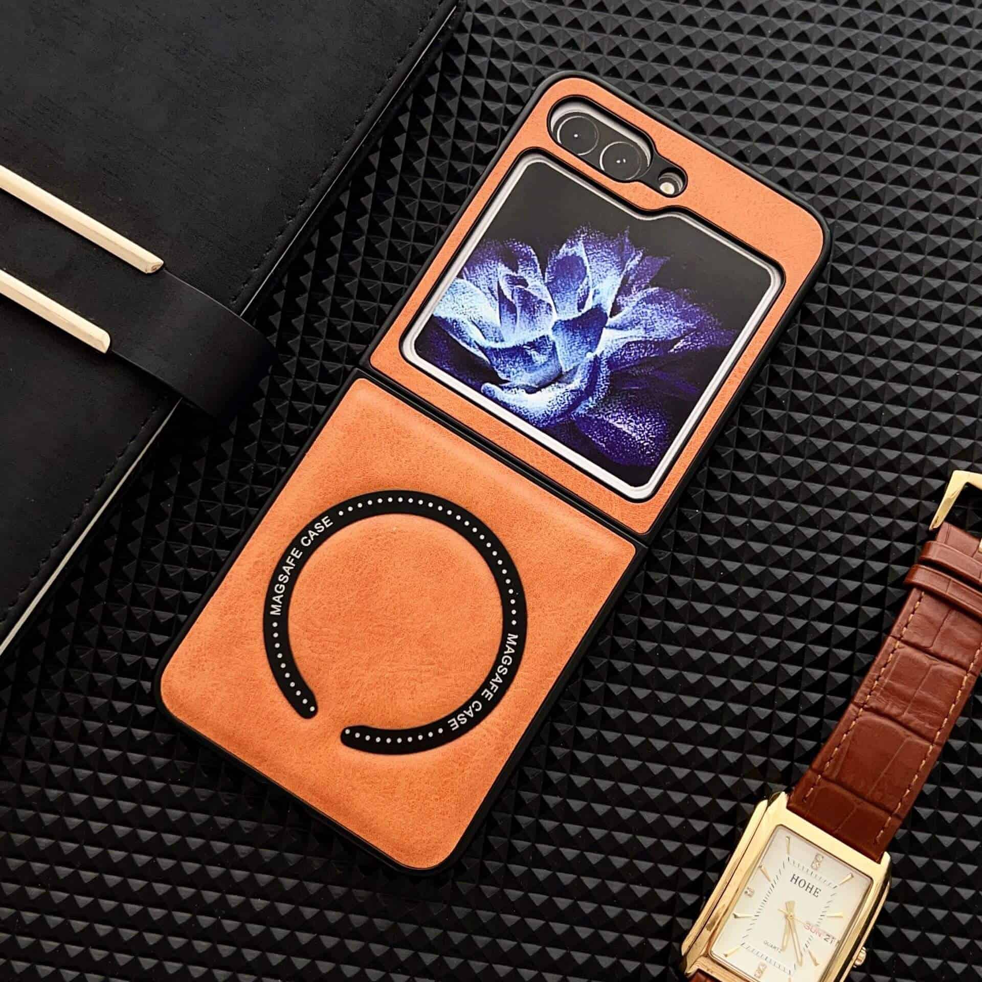 For Samsung Galaxy Z Flip5 Leather Pattern Magnetic MagSafe PU Back Phone Case Protective Cover