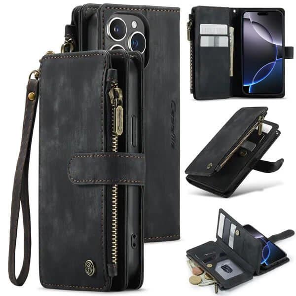 CaseMe C30 For Apple iPhone 13/14/15/16/16 Pro/16 Pro Max Plus Vintage Leather Folio Zipper Wallet Case with Magnetic Closure and 7 Card Slots