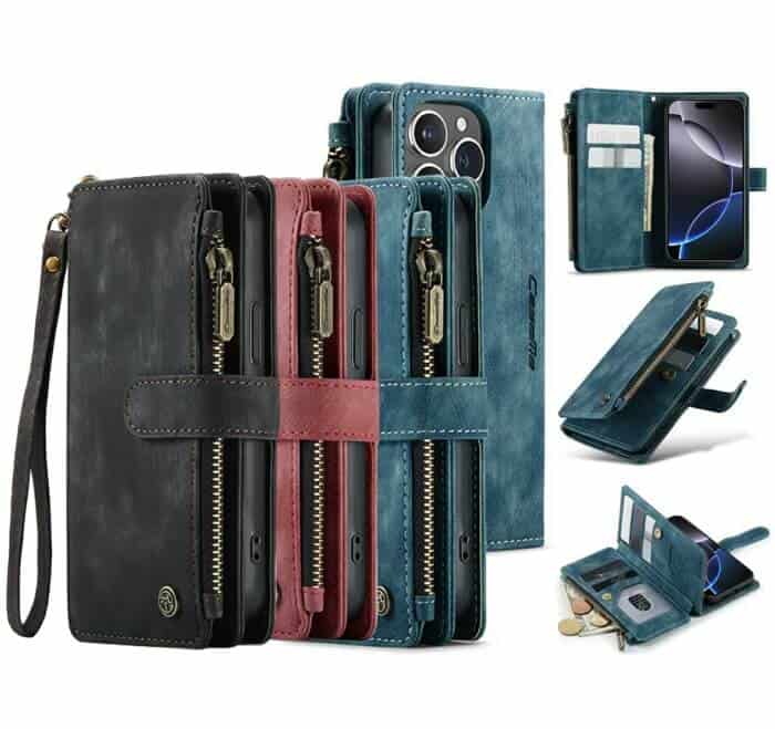 CaseMe C30 For Apple iPhone 13/14/15/16/16 Pro/16 Pro Max Plus Vintage Leather Folio Zipper Wallet Case with Magnetic Closure and 7 Card Slots