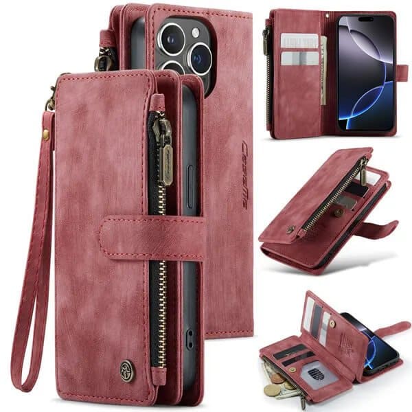 CaseMe C30 For Apple iPhone 13/14/15/16/16 Pro/16 Pro Max Plus Vintage Leather Folio Zipper Wallet Case with Magnetic Closure and 7 Card Slots