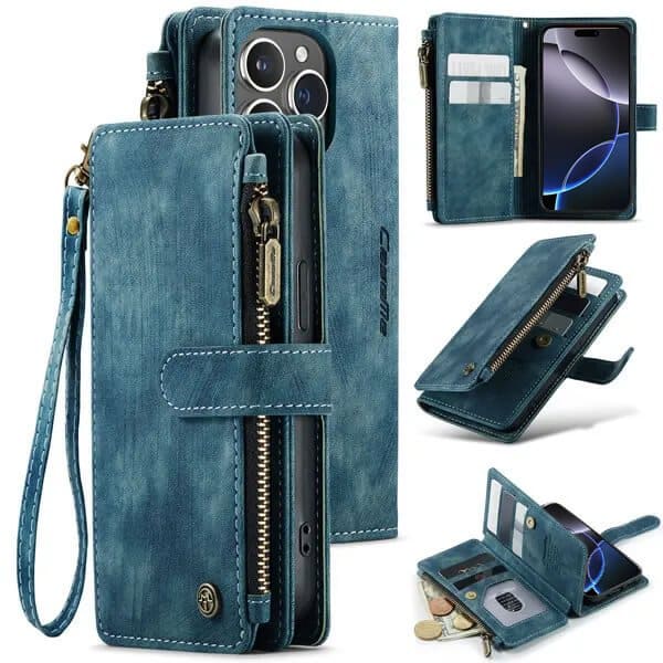 CaseMe C30 For Apple iPhone 13/14/15/16/16 Pro/16 Pro Max Plus Vintage Leather Folio Zipper Wallet Case with Magnetic Closure and 7 Card Slots