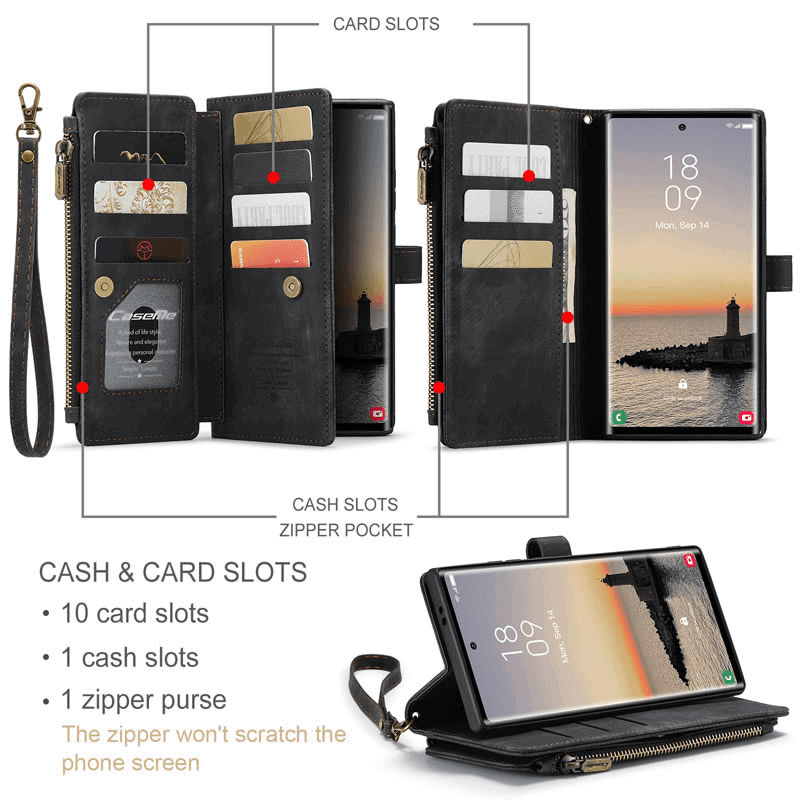 CaseMe C30 For Samsung Galaxy A16/A35/A55/A56 Vintage Leather Folio Zipper Wallet Case with Magnetic Closure and 7 Card Slots
