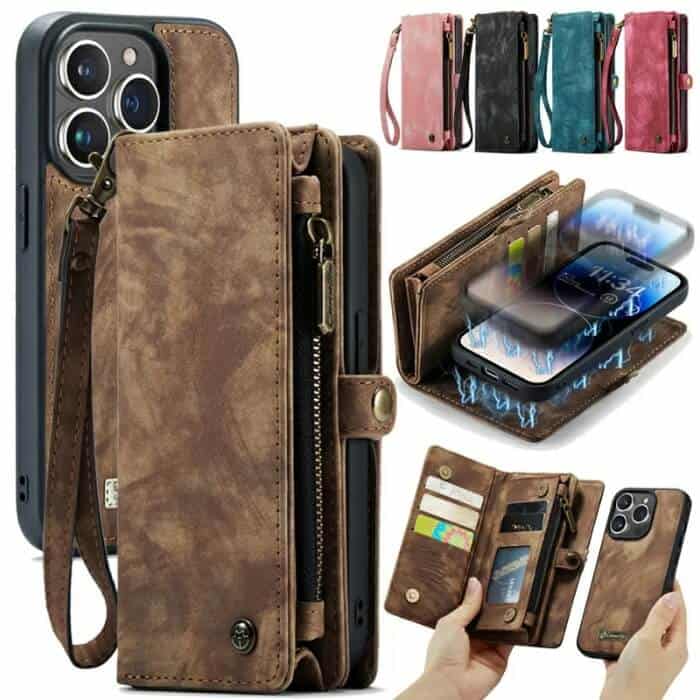 CaseMe For Apple iPhone Zipper & Detachable Retro Leather Pouch Wallet Flip Purse Bag Detachable Phone Case Cover