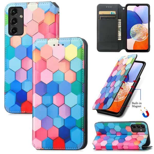 CaseNeo For Samsung Galaxy A14 5G Leather Wallet Flip Case With RFID Blocking Credit Card Holder Slots Cover – Colored Squares