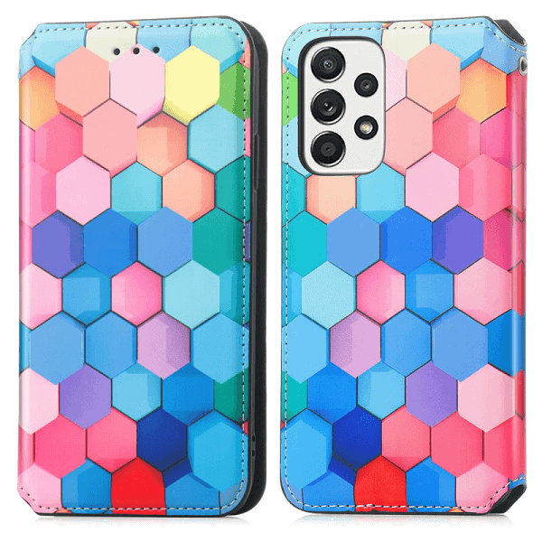 CaseNeo For Samsung Galaxy A33 5G Leather Wallet Flip Case With RFID Blocking Credit Card Holder Slots Cover - Colored Squares