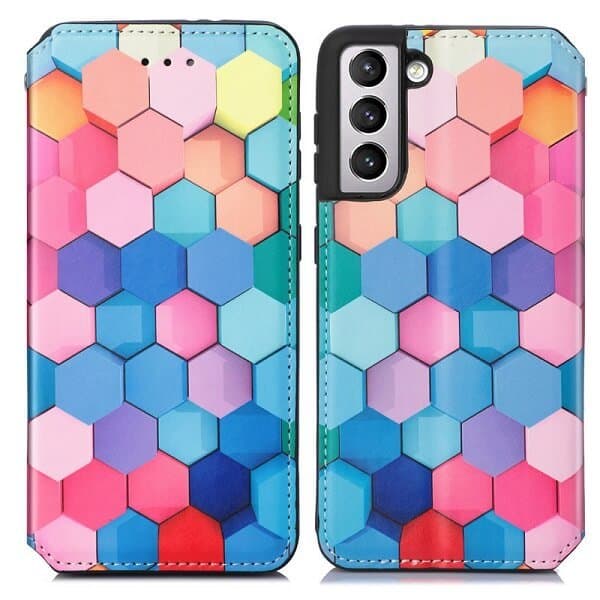CaseNeo For Samsung Galaxy S22 5G Leather Wallet Flip Case With RFID Blocking Credit Card Holder Slots Cover - Colored Squares