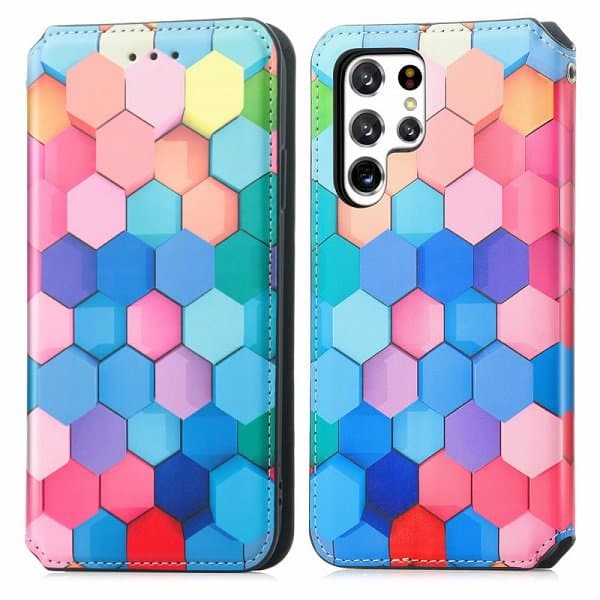 CaseNeo For Samsung Galaxy S22 Ultra 5G Leather Wallet Flip Case With RFID Blocking Credit Card Holder Slots Cover - Colored Squares