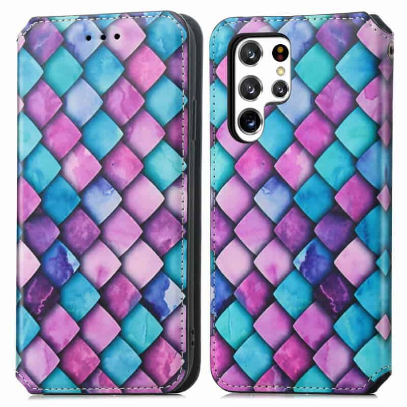 CaseNeo For Samsung Galaxy S22 Ultra 5G Leather Wallet Flip Case With RFID Blocking Credit Card Holder Slots Cover - Purple Scales