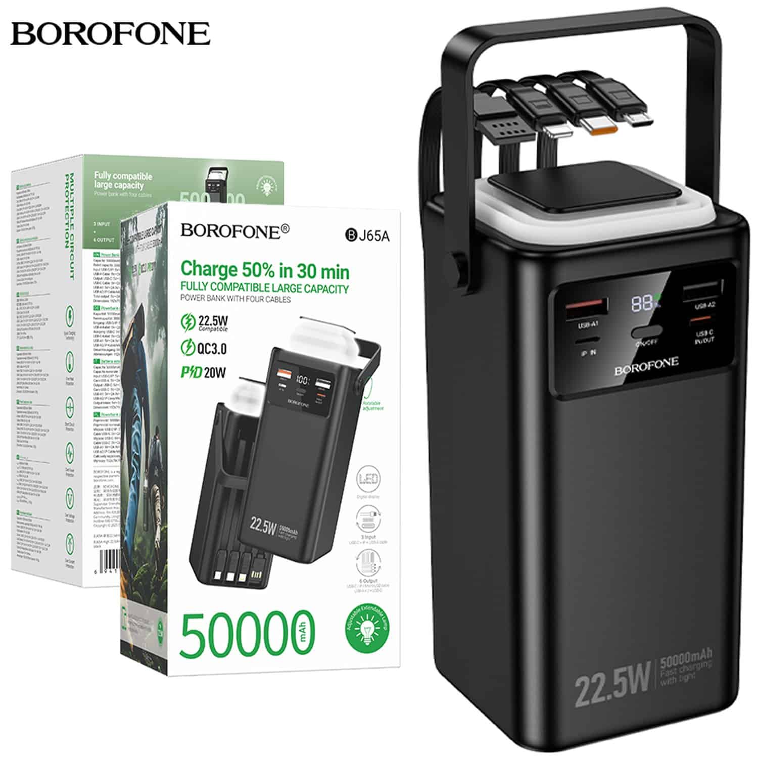 Borofone BJ65A 50000mAh High Capacity 22.5W+PD20W 4 Cables Portable Power Bank (Black)
