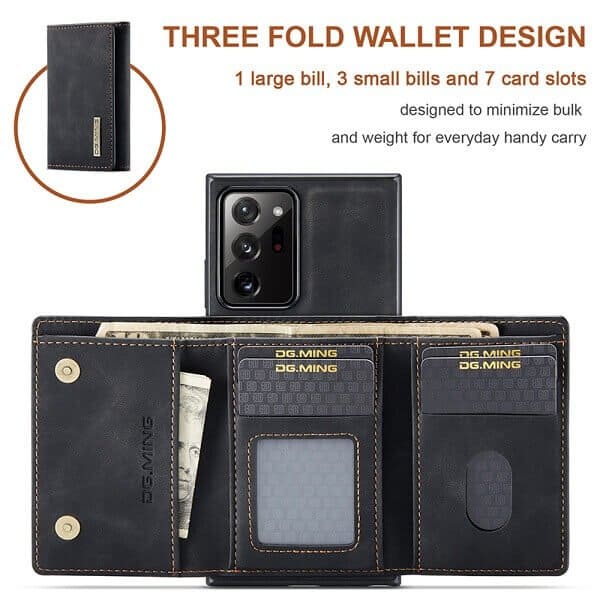 DG.MING For Samsung Galaxy Note 20 Ultra Premium Trifold Wallet Leather Case With 2-in-1 Magnetic Detachable Card Holder Pocket Cover - Black