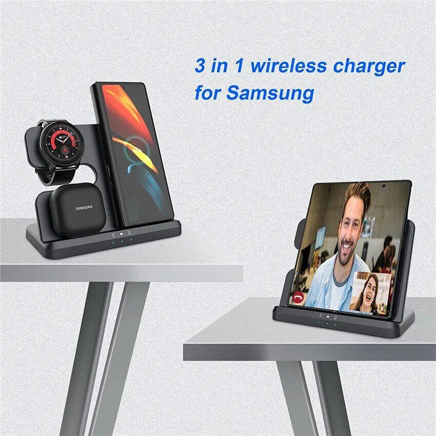15W 3in1 Qi Wireless Fast Charging Charger Stand for Samsung Galaxy Watch 6/5/4/3/Active Galaxy S23/S22/S21 Ultra /Note Z Fold /Flip 4 Galaxy Buds