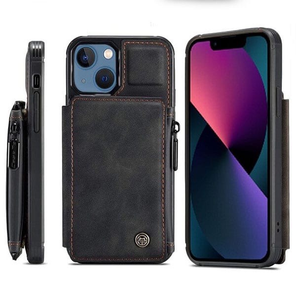 For Apple iPhone 13 Mini CaseMe Back Zipper Wallet Case W/ 3 Card Slots, RFID Blocking, 1 Money Pocket, Credit Card Holder Leather Cover (Black)