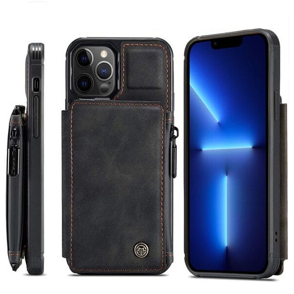For Apple iPhone 13 Pro CaseMe Back Zipper Wallet Case W/ 3 Card Slots, RFID Blocking, 1 Money Pocket, Credit Card Holder Leather Cover (Black)