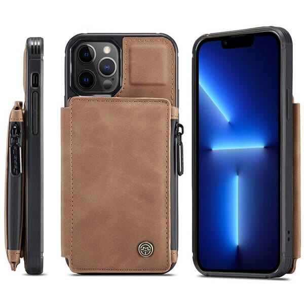 For Apple iPhone 13 Pro Max CaseMe Back Zipper Wallet Case W 3 Card Slots, RFID Blocking, 1 Money Pocket, Credit Card Holder Leather Cover (Brown)