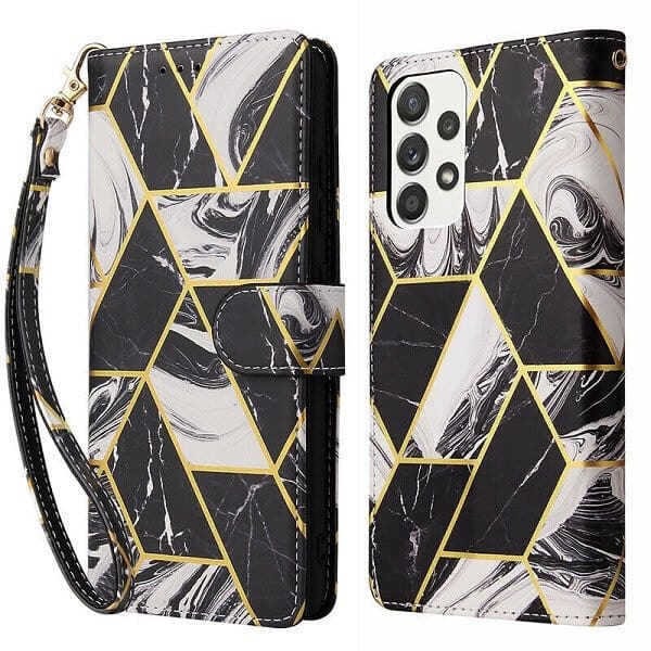 For Samsung Galaxy A23 4G Case Fashion Marble Painting Pattern Flip Wallet Case Leather Card Slots Stand Cover (Black Gilding)