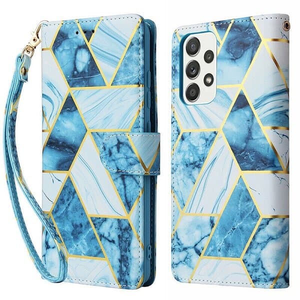 For Samsung Galaxy A23 4G Case Fashion Marble Painting Pattern Flip Wallet Case Leather Card Slots Stand Cover (Blue Gilding)