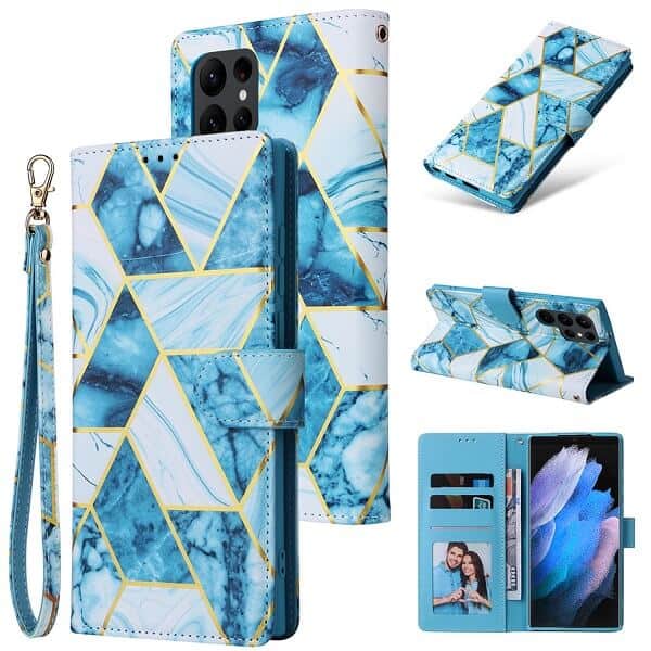 For Samsung Galaxy S23 Ultra Case Fashion Marble Painting Pattern Flip Wallet Case Leather Card Slots Stand Cover (Blue Gilding)