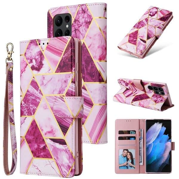 For Samsung Galaxy S23 Ultra Case Fashion Marble Painting Pattern Flip Wallet Case Leather Card Slots Stand Cover (Purple Gilding)