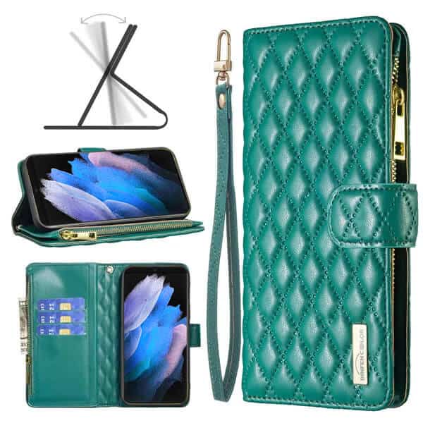 For Samsung Galaxy S23 Ultra Diamond Quilted Leather Zipper Wallet Flip Case with 9 Card Slots and Lanyard Cover – Green