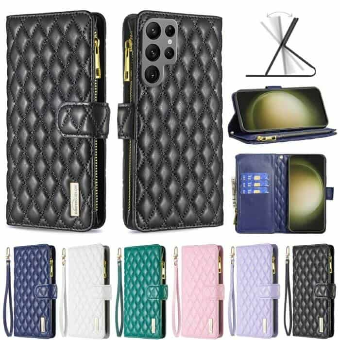For Samsung Galaxy S Series Diamond Quilted Leather Zipper Wallet Flip Case with 9 Card Slots and Lanyard Cover