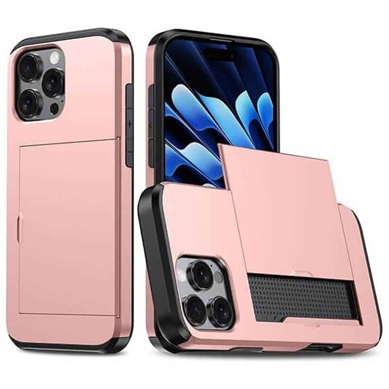 For iPhone Slide Armor Card Holder Wallet Protective Shockproof Hard Dual Layer Back Cover