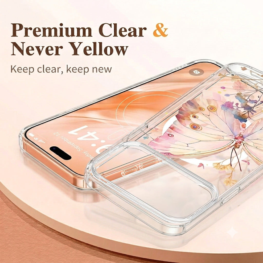For Apple iPhone Clear Transparent MagSafe Magnetic Flower /Butterfly Pattern TPU Printed Back Case Cover