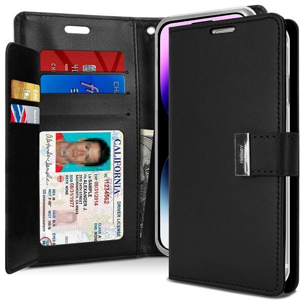 Goospery Apple iPhone 14 Pro Max Rich Diary Wallet Flip Case Leather Card Slots Magnetic Cover (Black)