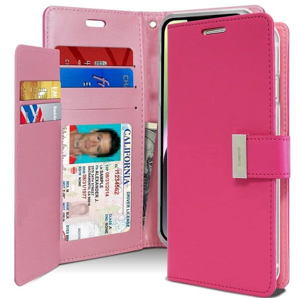 Goospery Apple iPhone 14 Rich Diary Wallet Flip Case Leather Card Slots Magnetic Cover (Hot Pink)