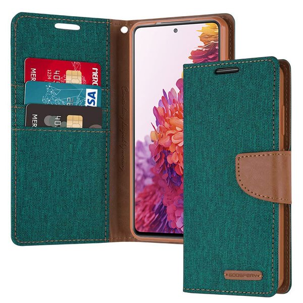 Goospery Samsung Galaxy S20 FE Canvas Wallet Flip Case Leather Card Slots Magnetic Cover (Green)