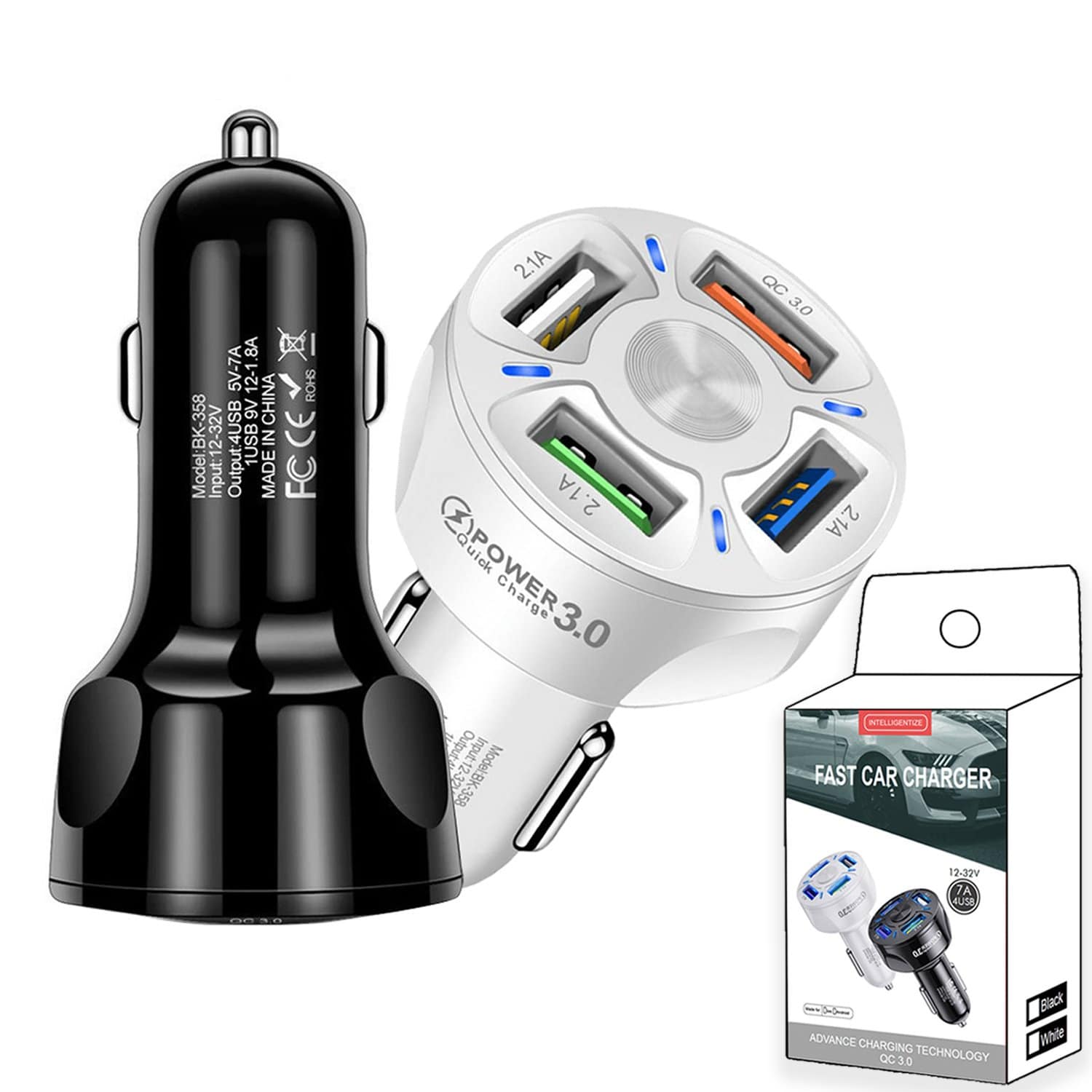 Universal 35W 7A QC3.0 4USB Ports Fast Charging Car Charger With LED Light 12-24V Cigarette Lighter Adapter