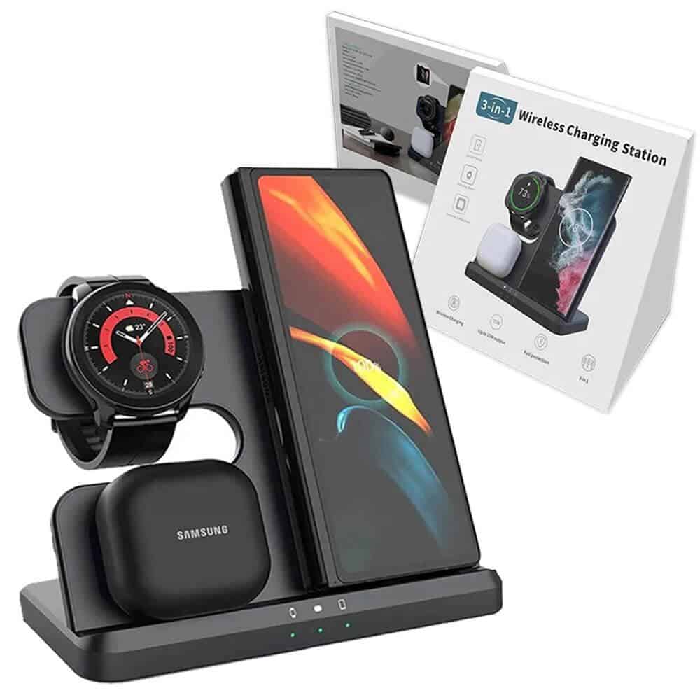 15W 3in1 Qi Wireless Fast Charging Charger Stand for Samsung Galaxy Watch 6/5/4/3/Active Galaxy S23/S22/S21 Ultra /Note Z Fold /Flip 4 Galaxy Buds