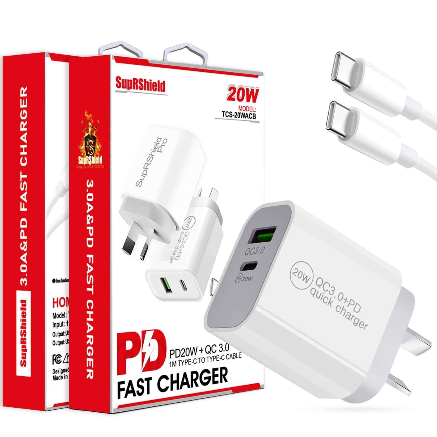 20W QC3.0 PD+USB Fast Charging Charger Wall Plug Adapter+PD Type C to Type C Cable