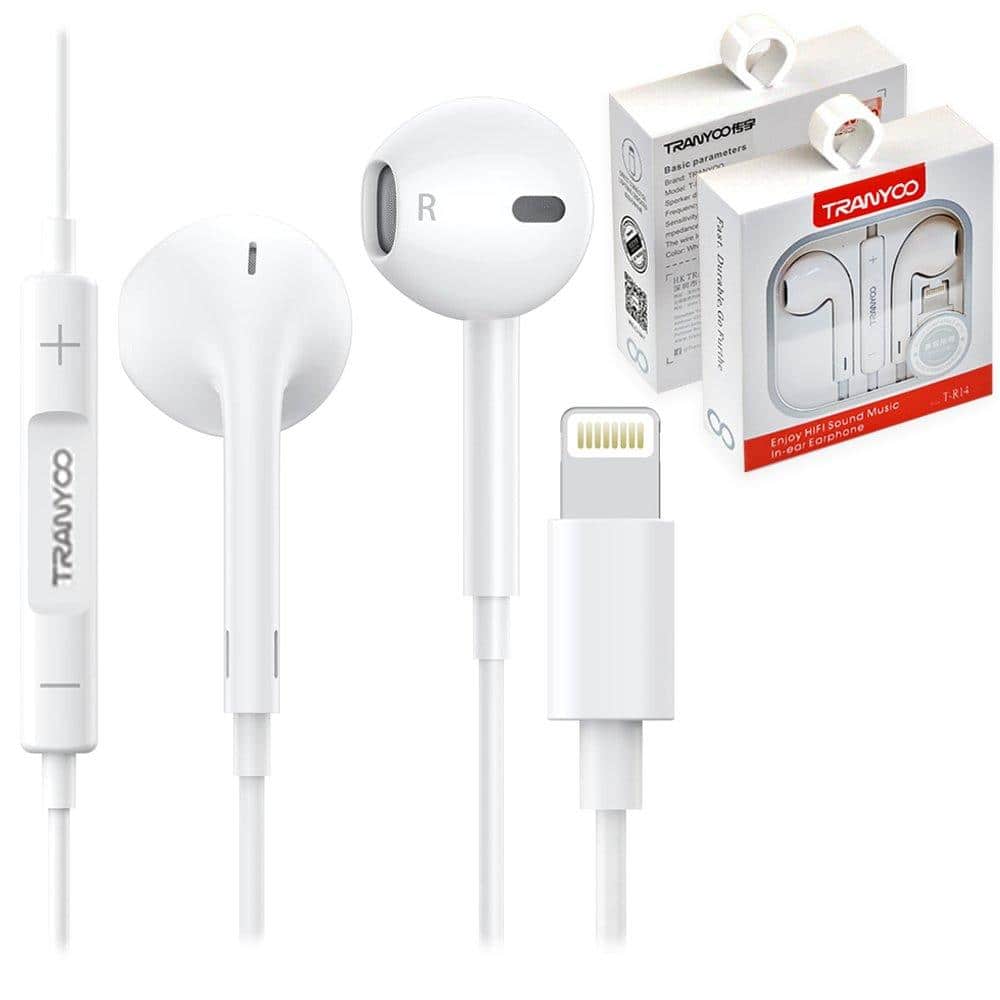 Tranyoo (T-R14) Lightning Wired Headphones Earphones Earbuds Headset For iPhone/iPad/iPod 14/13/12/11/XR/XS/X/8 (Built-in Microphone & Volume Control)