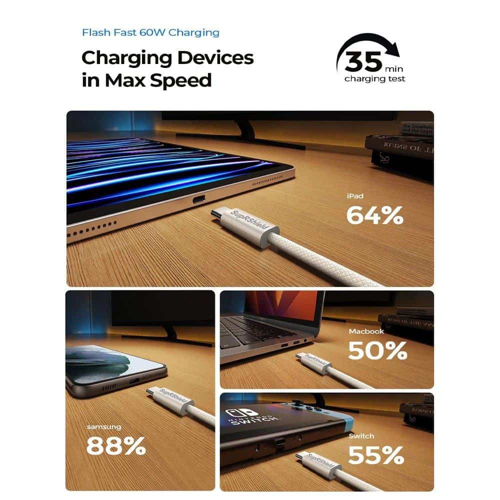 SupRShield 60W 1M PD USB Type C to C Fast Charging Charger Cable Braided Cord For iPhone 15 Pro Max/Samsung/MacBook Pro/iPad Pro/Google/Moto/Nokia/Oppo