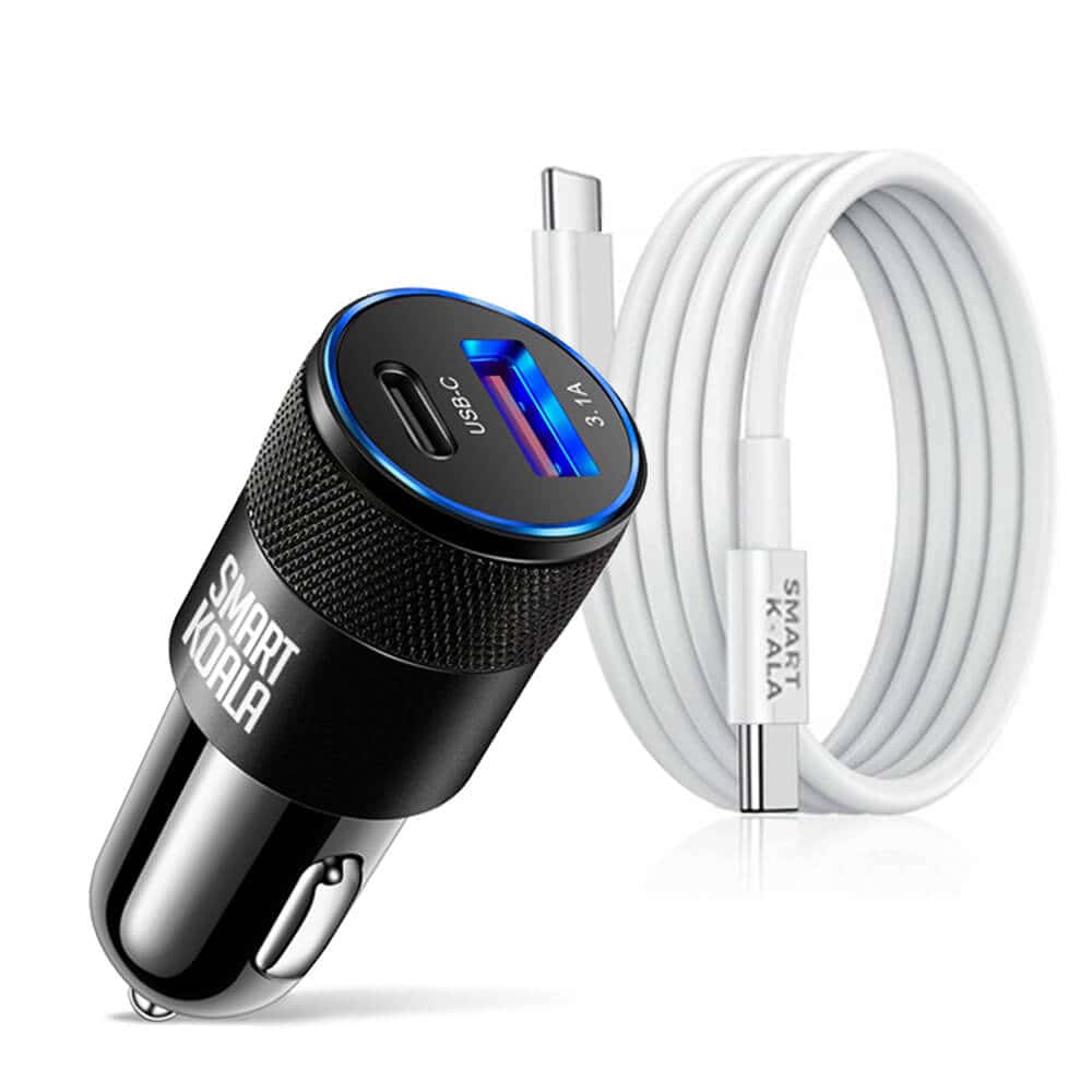 Smart Koala 38W 2 Ports PD Type C +3.1A USB Fast Charging Car Charger Socket Adapter + 1m Pd Type USB C to Type C Cable Cord For Samsung, Google, Oppo