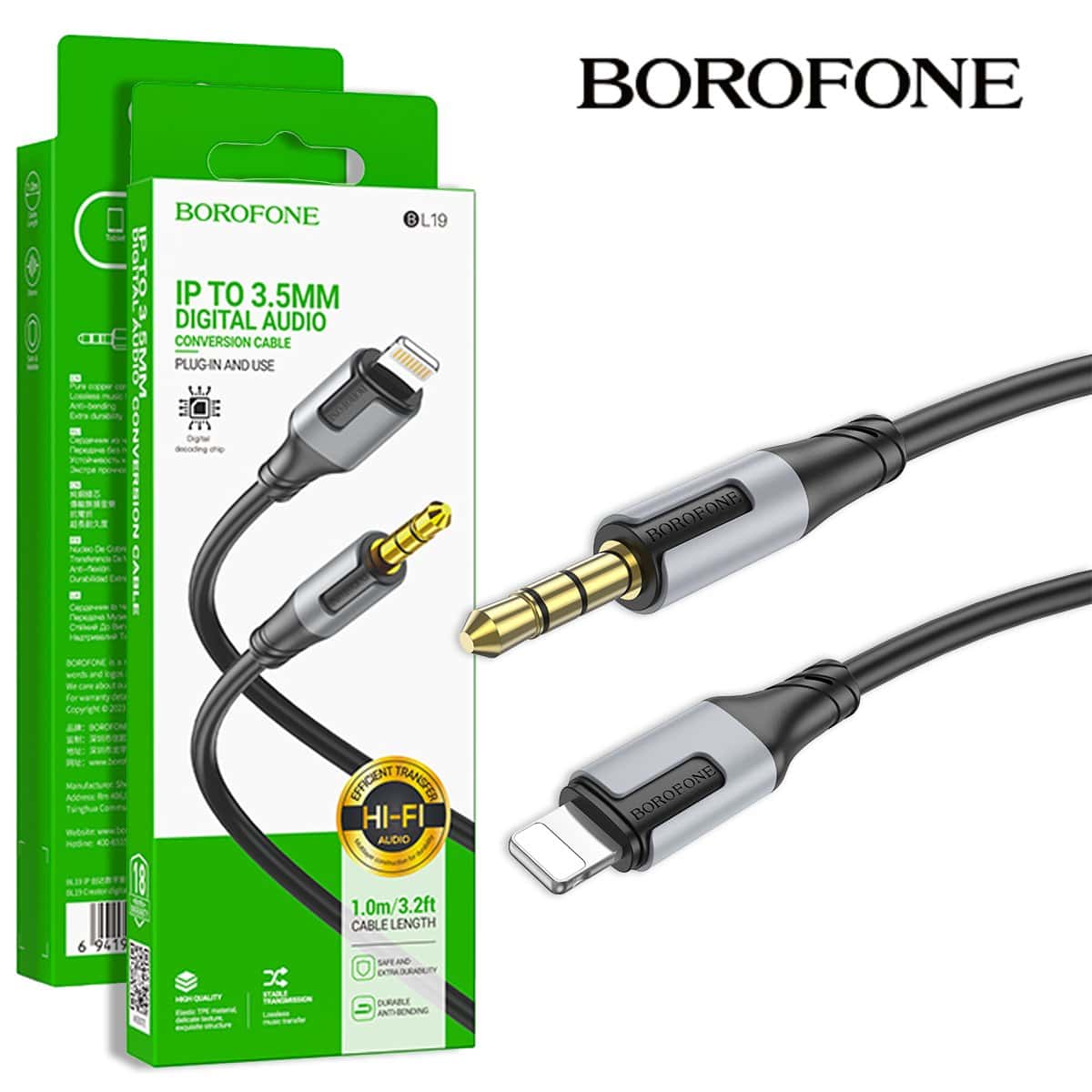 BOROFONE BL19 1M Lightning to 3.5mm Audio Aux Auxiliary Audio Cable Cord For Apple iPhone iPad iPod (Black)