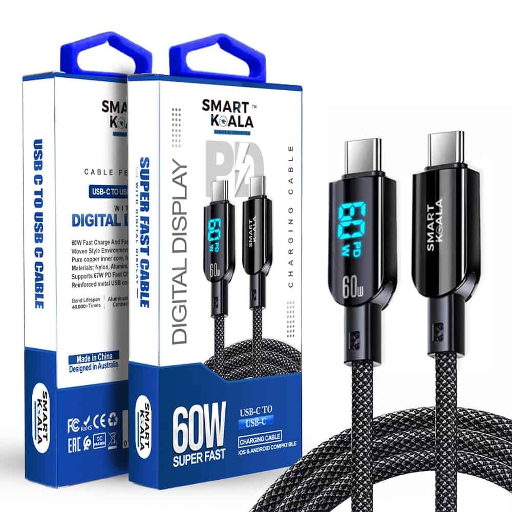 Smart Koala SK-C05 60W PD USB Type C to Type C Fast Charging Charger Braided With Digital Display Data Sync Cable Cord for iPhone iPad Samsung Galaxy Google Nokia Oppo