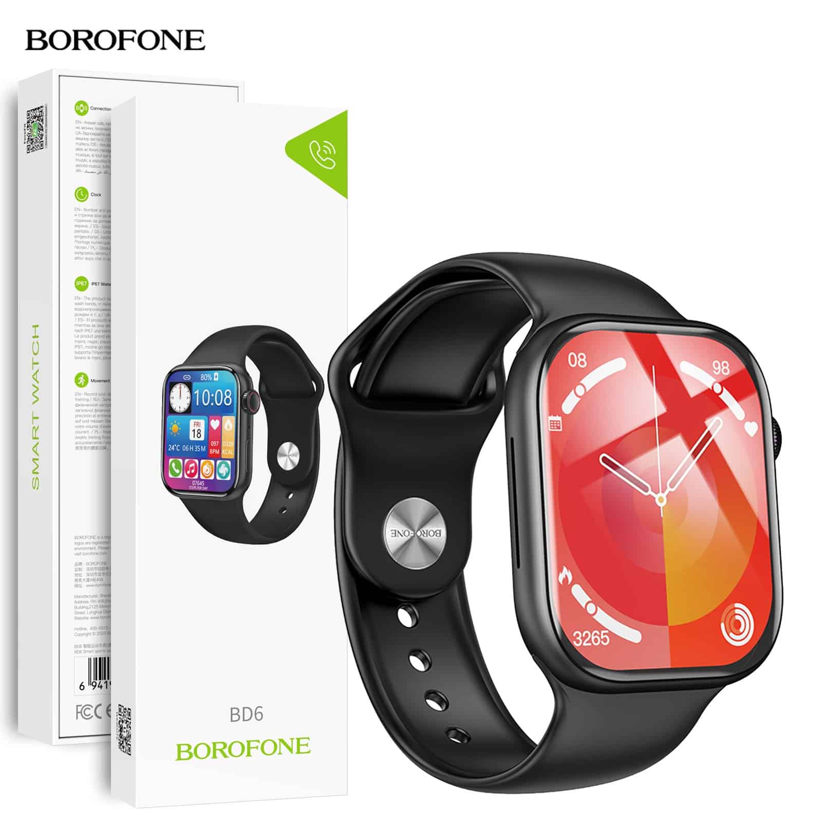 BOROFONE BD6 (Call Version) 2.1 inch Full Touch Screen Unisex Sports Fitness Bluetooth 5.0 Water Resistant Sports Smart Watch (Black)