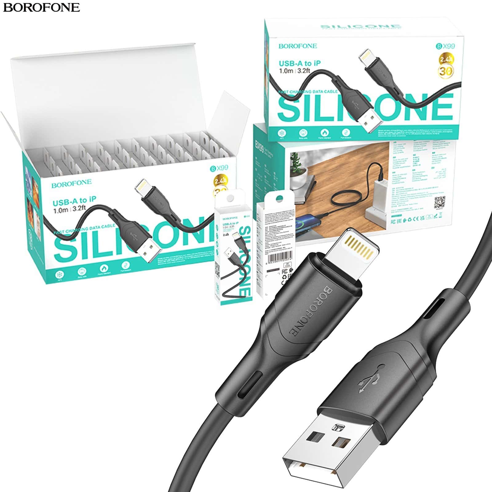 (30 pcs/Box) Borofone BX99 1M USB A to Lightning Data Sync Cable Cord For Shop Counter (Black)