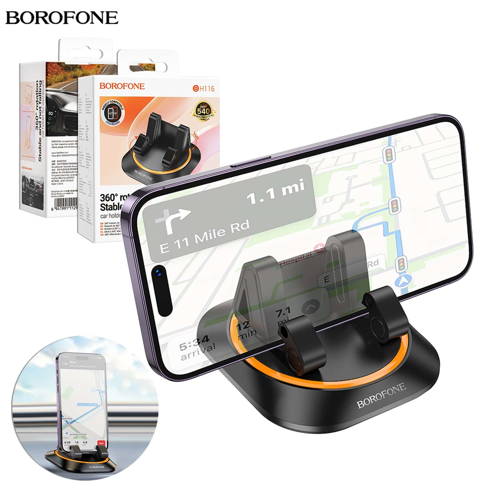 BOROFONE BH116 360 Degree Rotating Stable & Not Falling Car Mobile Phone /Tablet /iPad Holder For Dashboard (Black)