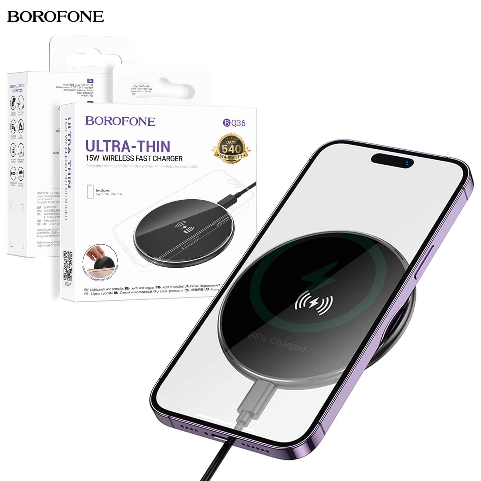 Borofone BQ36 15W Ultra Thin Fast Charger Desktop Wireless Charging Pad (Black)