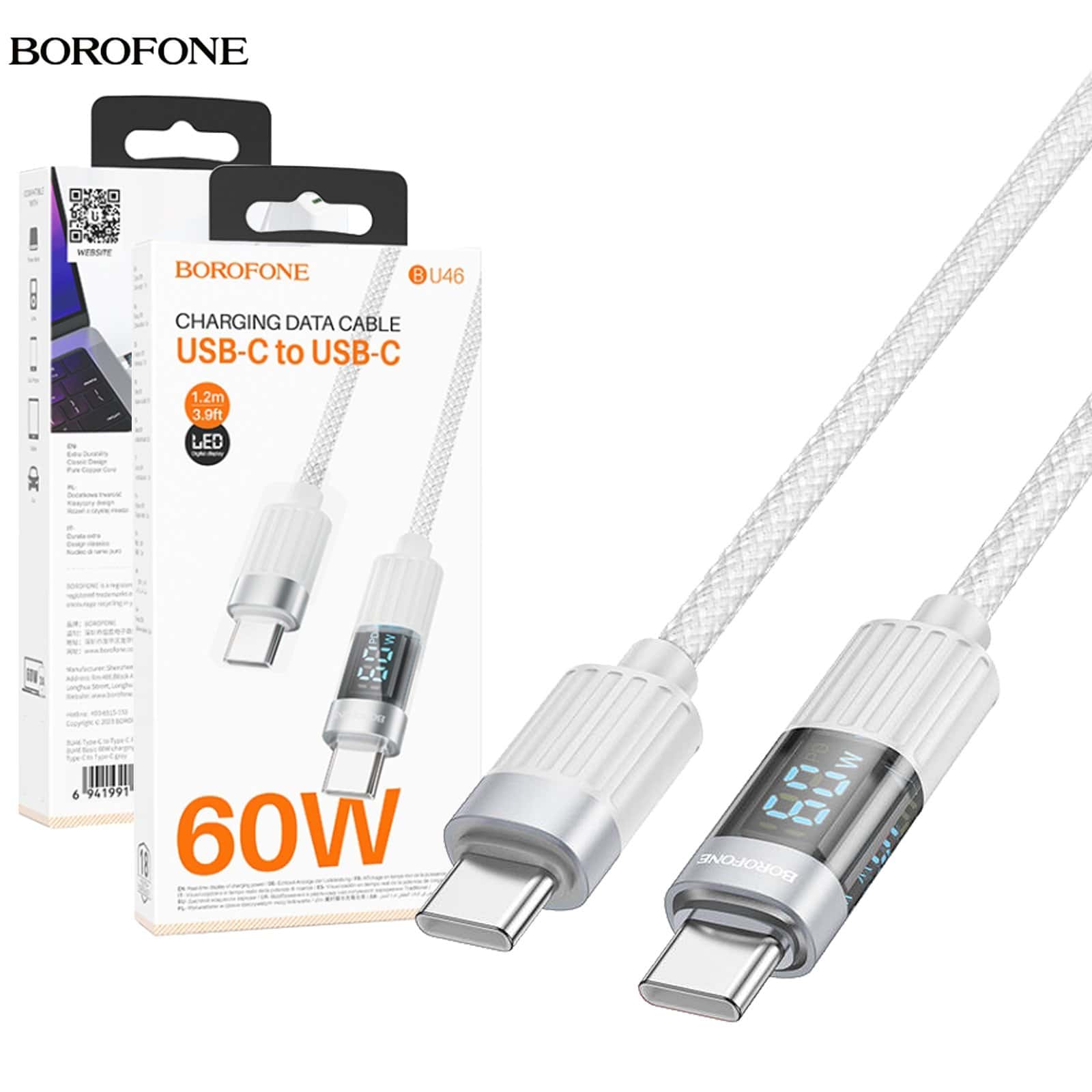 Borofone BU46 1.2m PD USB Type C to Type C Fast Charging Data Sync Cable Cord With Display (Grey)