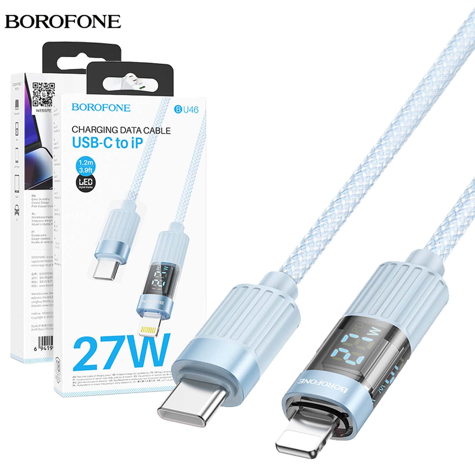 Borofone BU46 1.2m 27W PD USB Type C to Lightning Data Sync Cable Cord With Digital Display (Blue)